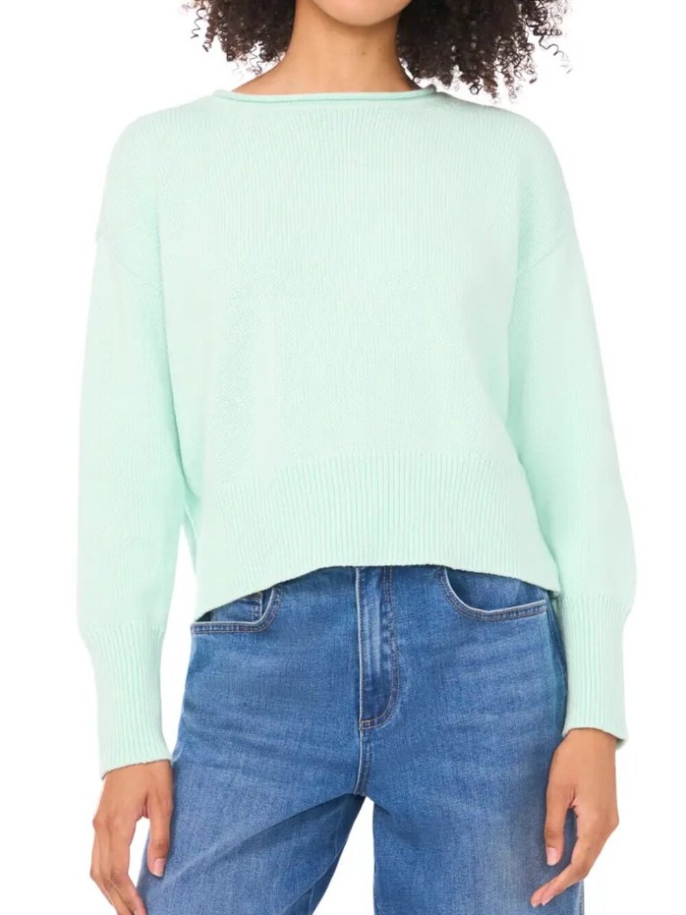 CeCe Lightweight Cotton Sweater Women's S Soft Green Roll Neck  NEW
